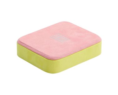 Bea Bongiasca Small Jewelry Tray in pink and yellow, showing the soft pink tray lid and yellow vegan leather base.