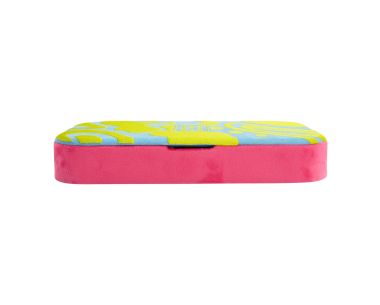 Bea Bongiasca Medium Tray shown from a low, straight front view with its lid on, showcasing a slim, elongated rectangular profile with rounded corners. The lower base features a bright hot pink finish, while the flat lid displays a swirling pattern in yel