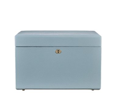 Heritage London Medium Jewellery Box in blue – closed front view with gold lock