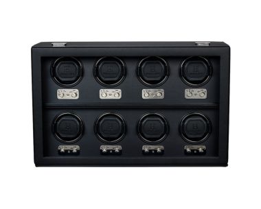 Black Heritage eight watch winder with eight watch holders and control panels, front view.