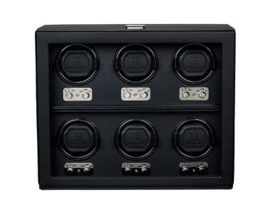 Black Heritage six watch winder with six watch holders and control panels, front view.