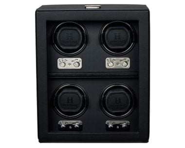 Black Heritage four watch winder with four watch holders and control panels, front view.
