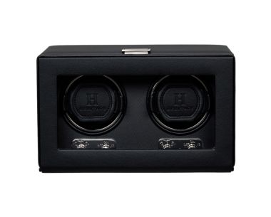 Black Heritage double watch winder with two watch holders and control panels, front view.
