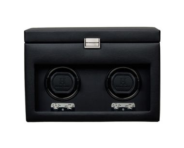 Black Heritage double watch winder with storage compartment, front view.