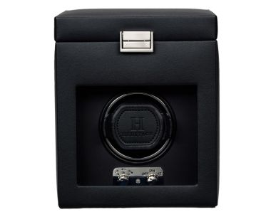 Black Heritage single watch winder with storage compartment, front view.