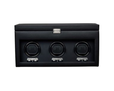 Black Heritage triple watch winder with storage compartment, front view.
