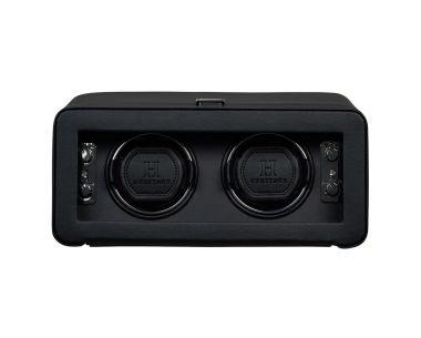 Black Heritage Windsor double watch winder with two watch holders, front view.