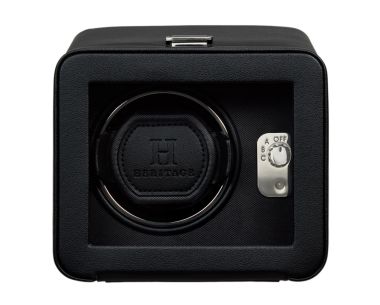 Black Heritage Windsor single watch winder with cover, front view.