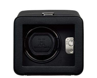 Black Heritage Windsor single watch winder with cover, front view.