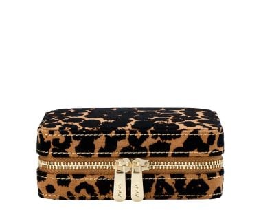 Front view of the WOLF Savanna Leopard Print Jewelry Zip Case in tan and black, showing the gold-finish zip closure and compact travel design.
