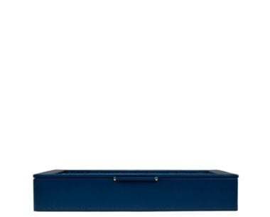 WOLF x Fiona Howard Sophia Jewelry Box with Window in smooth indigo leather, shown closed from a straight front view, highlighting its slim rectangular silhouette and a minimalist gold-accented pull handle.
