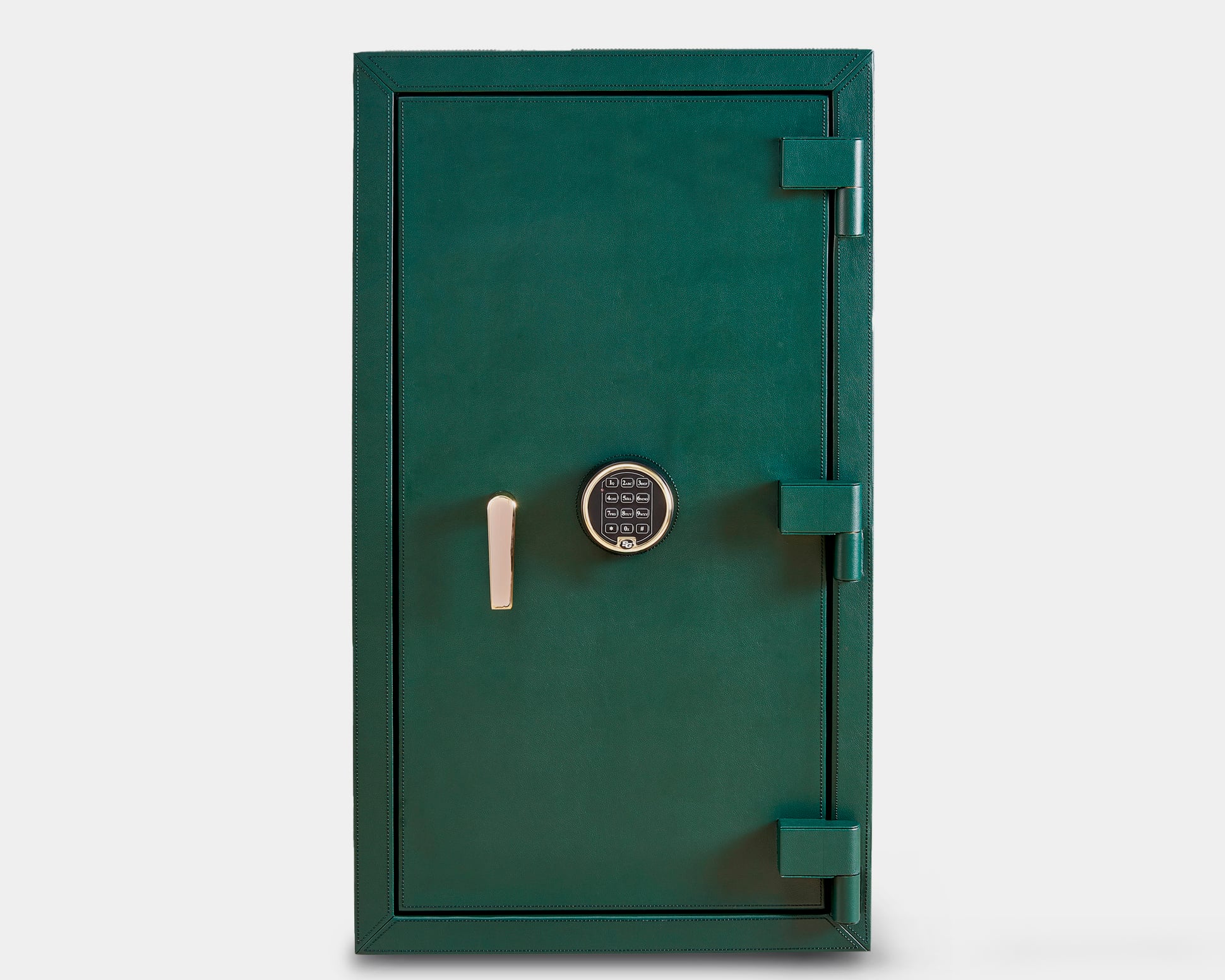 WOLF Athos Safe with electronic keypad lock. WOLF Athos Safe shown closed, featuring a luxury green exterior, electronic keypad lock and secure steel door.