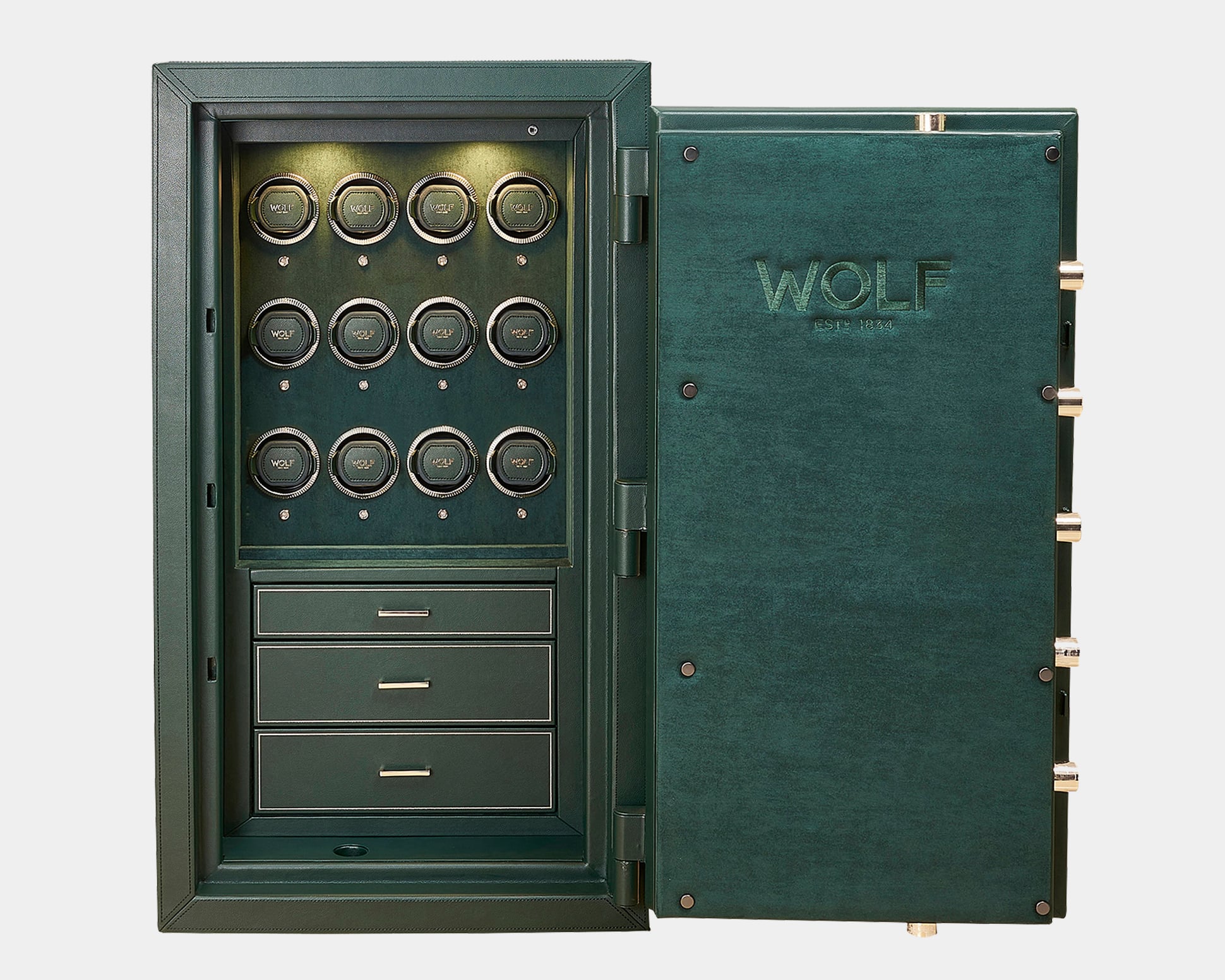 WOLF Athos Safe Open WOLF Athos Safe shown open, featuring a luxury green interior, drawers and 12 watch winders