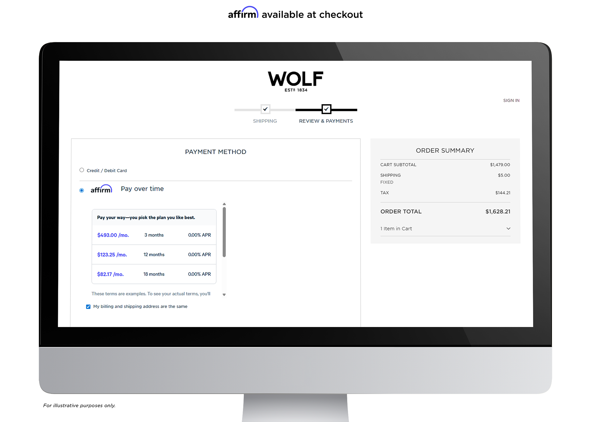 Affirm available at checkout for WOLF online orders. Affirm payment option selected at WOLF checkout, shown on a laptop screen with order summary and payment method section.