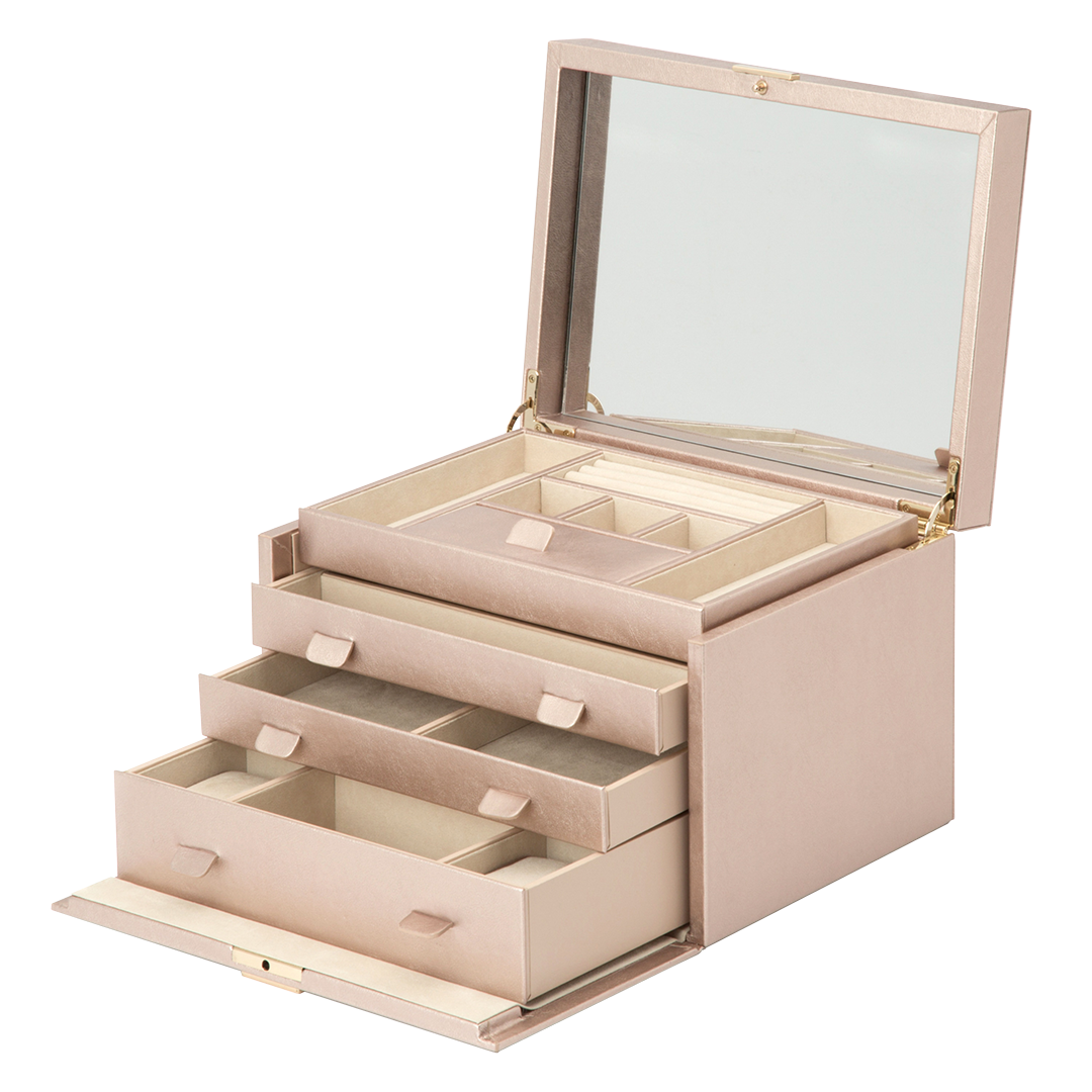 WOLF Palermo Jewellery Box. Open WOLF Palermo Jewellery Box with mirror, pull-out drawers, ring rolls and cream LusterLoc-lined compartments.