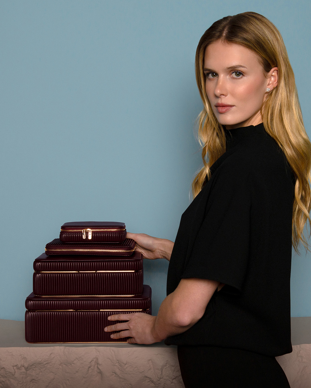lifestyle shot of a model next to Bella Jewellery Storage lifestyle shot of a model next to Bella Jewellery Storage