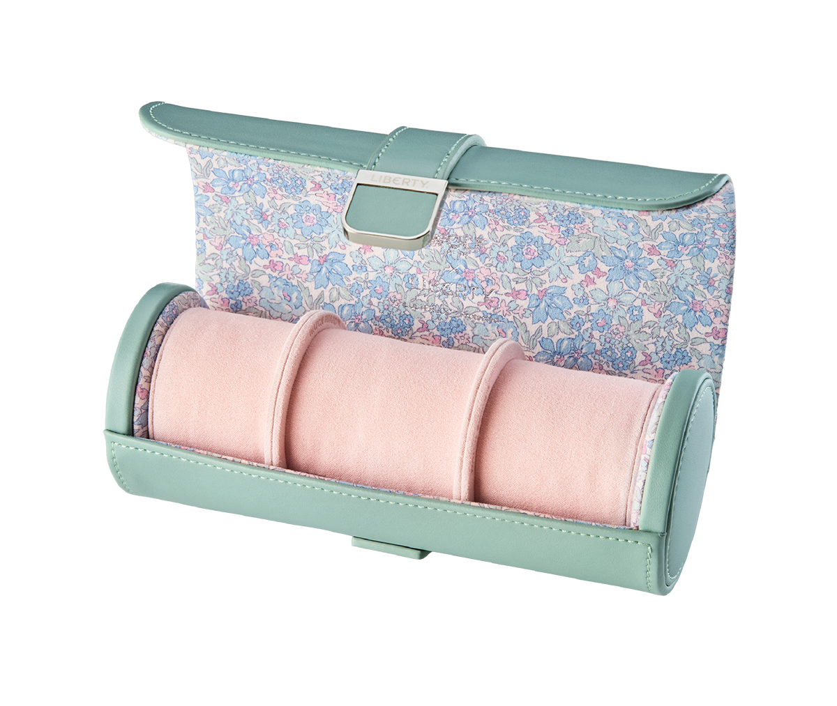 WOLF x Liberty Julia Watch Roll in Sage Green. WOLF x Liberty Julia Watch Roll in sage green with Liberty floral lining and soft pink watch cushions.